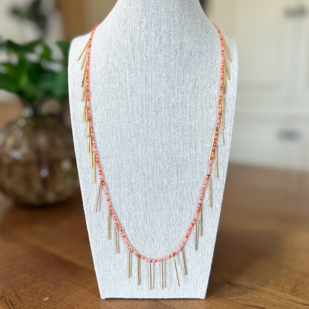 gorjana Orange Beaded Long Necklace with Gold Fringe Bars Fiesta Fun MSRP $68